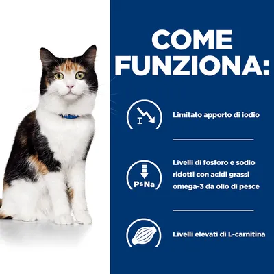 Come funziona: limitato apporto di iodio, livelli di fosforo e sodio ridotti con acidi grassi omega-3 da olio di pesce, livelli elevati di L-carnitina.