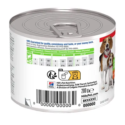 Hill's koiran märkäruokapurkki, näkyvissä ruokintaohje pennuille painon ja iän mukaan, Hill's Pet Nutrition -logo, viivakoodi, 200 g, valmistettu Italiassa, kuvat kahdesta koirasta.