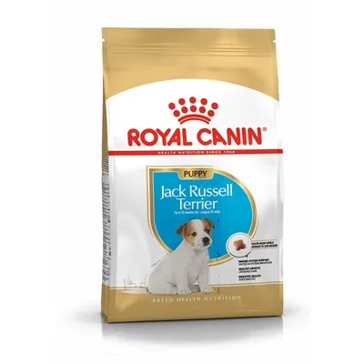 ROYAL CANIN Puppy Jack Russell Terrier dry dog food, visible text: up to 10 months old, image of a Jack Russell puppy on front of pack