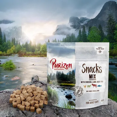 Purizon Snacks Mix con pollo, cordero, ternera y pescado. 100 % carne, pescado e hígado. Para gatos adultos. Bolsa de 40 g junto a los snacks visibles en forma de cubos.