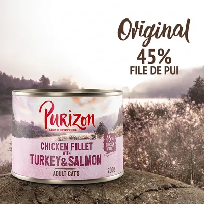 Conservă Purizon pentru pisici adulte, 200 g, file de pui 45%, curcan și somon. Text vizibil: Original 45% file de pui, Chicken Fillet with Turkey & Salmon, 45% chicken fillet.