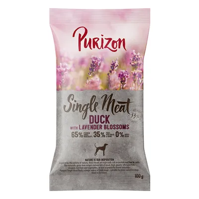 Purizon Single Meat Duck with Lavender Blossoms, 65 % ingrédients premium, 35 % fruits et légumes, 0 % céréales, sachet de 100 g pour chien. Texte en anglais visible sur l’emballage.