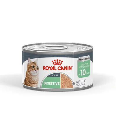 ROYAL CANIN CARE DIGESTIVE Airlift Mousse, terve ulosteen laatu 10 päivässä, kissan kuva purkissa.