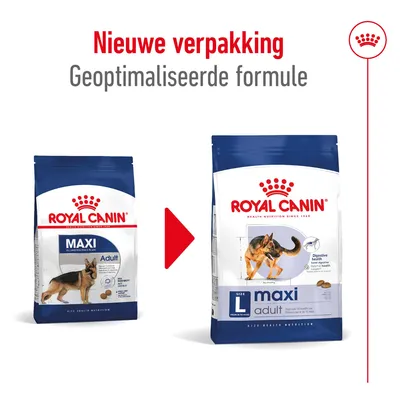 Royal Canin Maxi Adult hondenvoer, nieuwe verpakking en geoptimaliseerde formule. Links oud design, rechts nieuw design met Duitse herder en tekst: size L maxi adult.