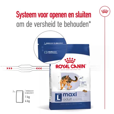 Royal Canin maxi adult hondenvoer, verpakking met easyopen & zipsystem en freshpack. Systeem voor openen en sluiten om de versheid te behouden. Verkrijgbaar in 1 kg en 4 kg.