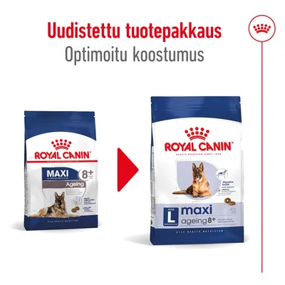 Royal Canin -koiranruoan uudistettu pakkaus: vanha ja uusi Maxi Ageing 8+ -pussi vierekkäin. Teksti: Uudistettu tuotepakkaus, Optimoitu koostumus.