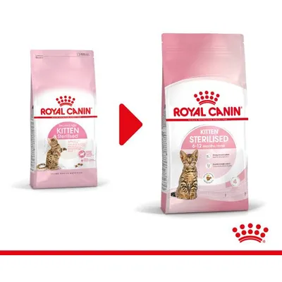 Royal Canin Kitten Sterilised, to poser med forskellig emballagedesign. Tekst på poserne: 'Kitten Sterilised', '6–12 months/mois', billede af killing på begge poser.