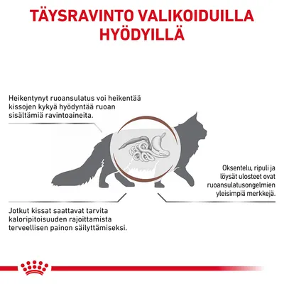 TÄYSRAVINTO VALIKOIDUILLA HYÖDYILLÄ. Heikentynyt ruoansulatus voi heikentää kissojen kykyä hyödyntää ravintoaineita. Oksentelu, ripuli ja löysät ulosteet ovat ruoansulatusongelmien merkkejä.