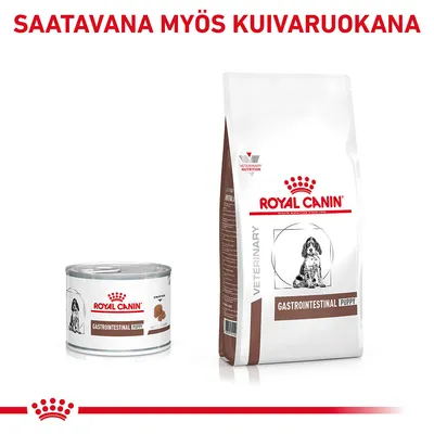 Royal Canin Gastrointestinal Puppy märkäruoka ja kuivaruoka pakkaukset, teksti: Saatavana myös kuivaruokana. Tuotemerkki ja tuotenimi näkyvissä molemmissa pakkauksissa.