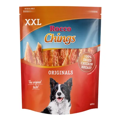 Balenie Rocco Chings XXL Originals, 100 % dried chicken breast, 900 g. Na obale je obrázok psa a kúskov sušeného mäsa. Text: The original taste!, resealable.