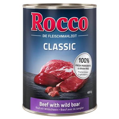 Rocco Classic konzerva 400 g, Beef with wild boar. 100% fresh ingredients & grain-free. Prikaz komada sirovog mesa na etiketi.