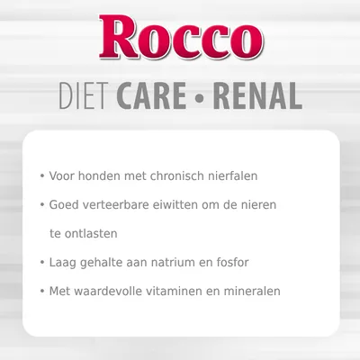 Rocco DIET CARE RENAL. Voor honden met chronisch nierfalen, goed verteerbare eiwitten, laag natrium en fosfor, met waardevolle vitaminen en mineralen.