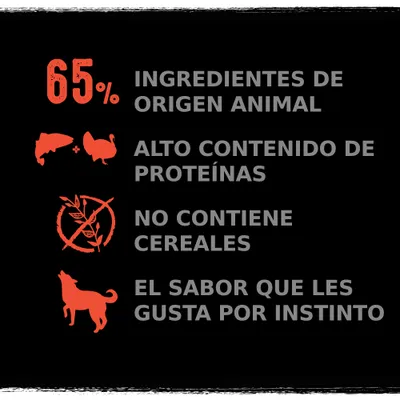 65 % ingredientes de origen animal, alto contenido de proteínas, no contiene cereales, el sabor que les gusta por instinto