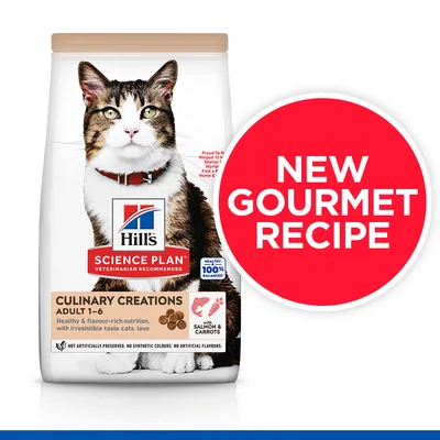 Hill's Science Plan Culinary Creations Adult 1–6, s lososom i mrkvom. Veliki crveni krug s tekstom: NEW GOURMET RECIPE. Healthy 100% balanced. Bez umjetnih boja i aroma.