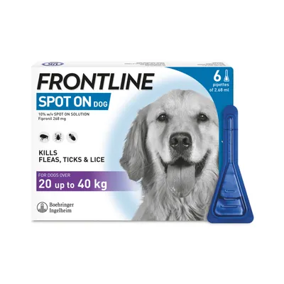 Frontline Spot On for dogs over 20 up to 40 kg, kills fleas, ticks and lice, contains 6 pipettes of 2.68 ml each with Fipronil 268 mg.