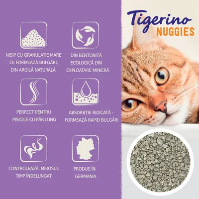 Tigerino Nuggies. Nisip cu granulație mare, din bentonită ecologică, perfect pentru pisici cu păr lung, absorbție ridicată, controlează mirosul, produs în Germania.