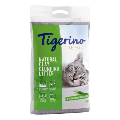 Tigerino Premium Natural Clay Clumping Litter, 12 кг. С аромат на прясно окосена трева. Видими икони: силна абсорбция, контрол на миризмата, ниско съдържание на прах, бързо слепване.