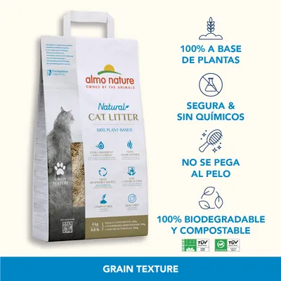 Arena para gatos almo nature Natural Cat Litter, 100 % a base de plantas, segura y sin químicos, no se pega al pelo, 100 % biodegradable y compostable. Textura grain texture visible.