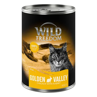 Wild Freedom Golden Valley Chicken with Rabbit 400 g, 100% grain-free recipe – puszka karmy dla kotów z widocznym kotem na opakowaniu. Wild Freedom Golden Valley Chicken with Rabbit 400 g, 100% grain-free recipe – puszka karmy dla kotów z widocznym kotem na opakowaniu.