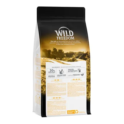 Wild Freedom hrana za mačke, 30 % svežega mesa, brez žit, primerna za vrsto, reciklirljiv material. Opis in sestavine vidni na embalaži.