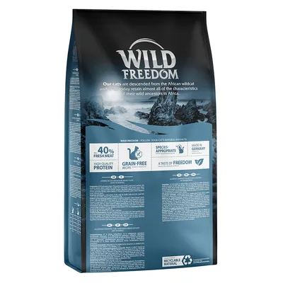 Wild Freedom dry food bag showing 40% fresh meat, high-quality protein, grain-free recipe, species-appropriate, made in Germany, recyclable material, and a taste of freedom.