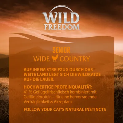 Wild Freedom Senior Wide Country. 41% Geflügelfrischfleisch kombiniert mit Geflügelprotein für Verträglichkeit und Akzeptanz. Follow your cat’s natural instincts.