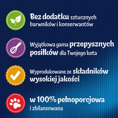 Bez dodatku sztucznych barwników i konserwantów. Wyjątkowa gama przepysznych posiłków dla Twojego kota. Składniki wysokiej jakości. W 100% pełnoporcjowa i zbilansowana.
