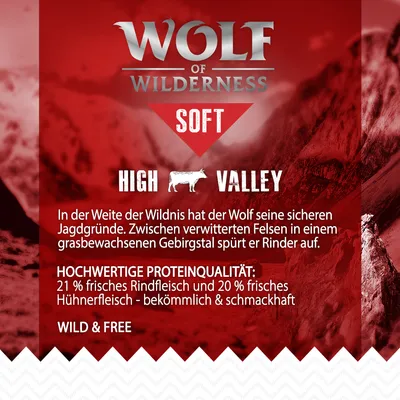 Wolf of Wilderness Soft High Valley. Hochwertige Proteinqualität: 21% frisches Rindfleisch und 20% frisches Hühnerfleisch, bekömmlich & schmackhaft. Wild & Free.