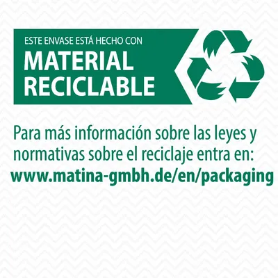 Este envase está hecho con material reciclable. Para más información sobre reciclaje entra en: www.matina-gmbh.de/en/packaging