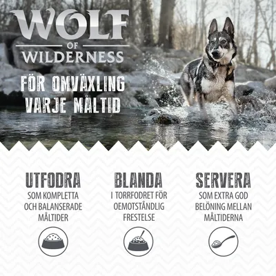 Wolf of Wilderness. För omväxling varje måltid. Utfodra som kompletta och balanserade måltider. Blanda i torrfodret för oemotståndlig frestelse. Servera som extra god belöning mellan måltiderna.