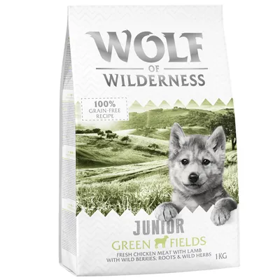 Wolf of Wilderness Junior Green Fields, 100% grain-free recipe, fresh chicken meat with lamb, wild berries, roots & wild herbs, 1 kg verpakking zichtbaar.
