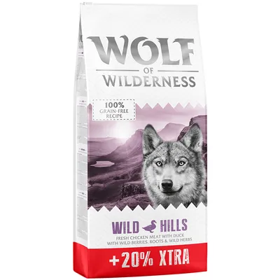 Wolf of Wilderness Wild Hills, recette 100 % sans céréales, viande de poulet fresh avec canard, baies sauvages, racines et herbes sauvages, +20 % XTRA. Wolf of Wilderness Wild Hills, recette 100 % sans céréales, viande de poulet fresh avec canard, baies sauvages, racines et herbes sauvages, +20 % XTRA.
