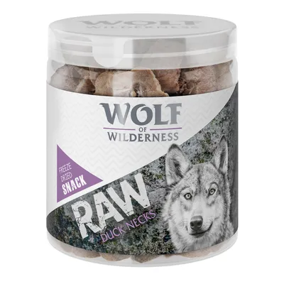 Wolf of Wilderness RAW Duck Necks frysetørret snack. Synlig gennemsigtig plastbøtte med stykker af andehalse. Tekst: Freeze Dried Snack, RAW, Duck Necks.