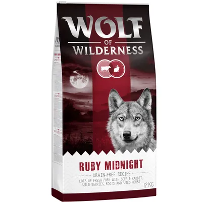 Wolf of Wilderness Ruby Midnight, grain-free recipe with fresh pork, beef and rabbit, wild berries, roots and wild herbs, 12kg bag.