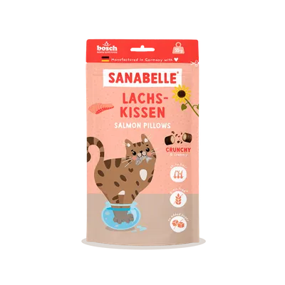 Sanabelle Laksepuder, Salmon Pillows, sprøde & cremede, skinnende pels, kornfri, uden tilsat sukker, fremstillet i Tyskland med hjerte, 55 g. Sanabelle Laksepuder, Salmon Pillows, sprøde & cremede, skinnende pels, kornfri, uden tilsat sukker, fremstillet i Tyskland med hjerte, 55 g.