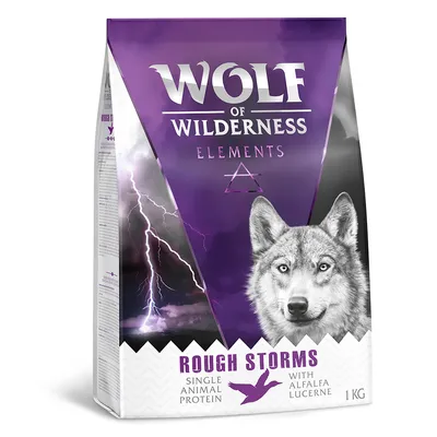 Wolf of Wilderness Elements Rough Storms, single animal protein with alfalfa lucerne, 1kg bag. Product packaging shows lightning and wolf ears.
