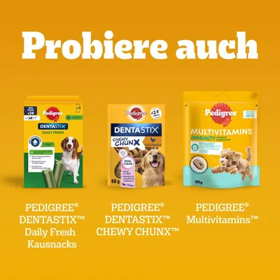 Trije izdelki Pedigree: Dentastix Daily Fresh, Dentastix Chewy Chunx in Multivitamins Immunity. Besedilo zgoraj v nemščini: 'Probiere auch'. Vsi izdelki za pse.