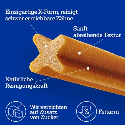 Texte en allemand : forme en X unique, nettoie les dents difficiles d’accès, texture douce abrasive, pouvoir nettoyant naturel, sans sucre ajouté, pauvre en matières grasses.