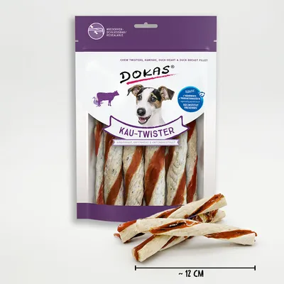 Dokas Kau-Twister z wołowej skóry, serca kaczki i fileta z piersi kaczki. Opakowanie wielokrotnego użytku, certyfikowane przez SGS Institut Fresenius. Długość ok. 12 cm.
