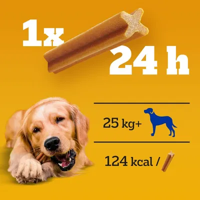 Doporučené dávkování: 1 tyčinka každých 24 h pro psy od 25 kg, energetická hodnota 124 kcal na tyčinku. Ilustrace psa a žvýkací tyčinky.