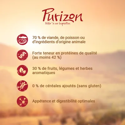 Purizon. 70 % viande, poisson ou ingrédients d’origine animale. Protéines ≥42 %. 30 % fruits, légumes, herbes. 0 % céréales ajoutés (sans gluten). Appétence et digestibilité optimales.