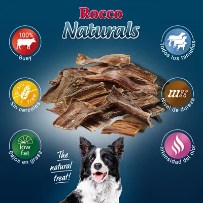 Rocco Naturals. 100% buey, sin cereales, bajos en grasa, todos los tamaños, nivel de dureza, intensidad del olor. Snack natural para perros visible en el centro.