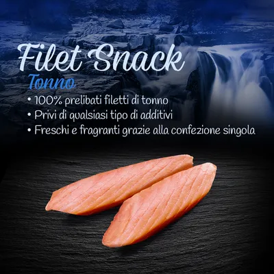 Filet Snack Tonno: 100% prelibati filetti di tonno, privi di qualsiasi tipo di additivi, freschi e fragranti grazie alla confezione singola.