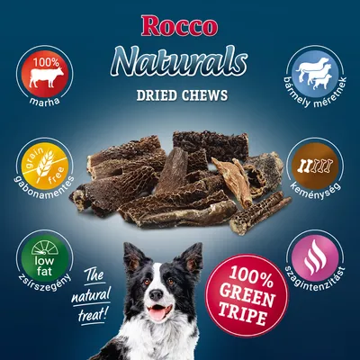 Rocco Naturals Dried Chews, 100% marha, gabonamentes, zsírszegény, bármely méretnek, keménység, szagintenzitást, 100% GREEN TRIPE. Kutya és szárított falatok a képen.