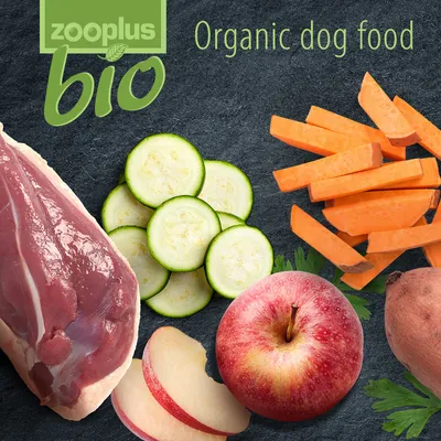 Zooplus Bio. Organic dog food mit Zutaten: frisches Fleisch, Zucchini, Süsskartoffeln, Apfel und Petersilie.