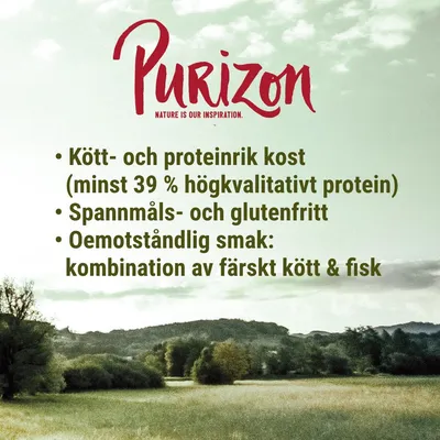 Purizon. Kött- och proteinrik kost (minst 39 % högkvalitativt protein). Spannmåls- och glutenfritt. Oemotståndlig smak: kombination av färskt kött & fisk.