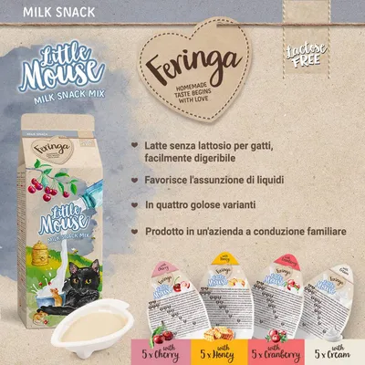 Feringa Little Mouse Milk Snack Mix per gatti, latte senza lattosio in quattro varianti: ciliegia, miele, mirtillo rosso, panna. Favorisce l'assunzione di liquidi. Prodotto familiare.
