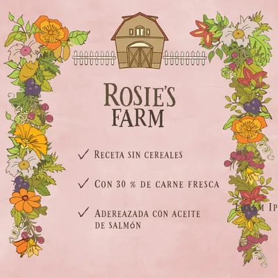 Rosie's Farm. Receta sin cereales, con 30 % de carne fresca, aderezada con aceite de salmón.