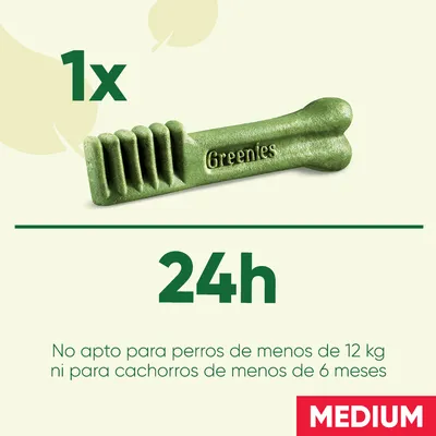 Greenies Medium: 1 unidad cada 24 h. No apto para perros de menos de 12 kg ni para cachorros de menos de 6 meses.
