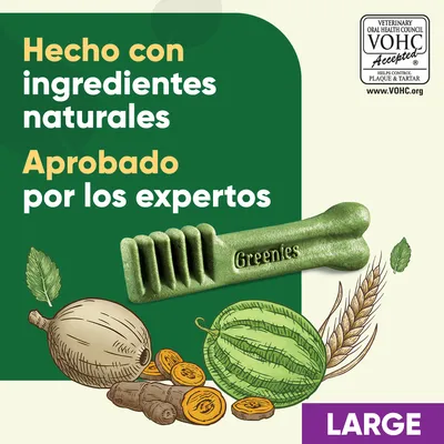 Hecho con ingredientes naturales. Aprobado por los expertos. Greenies. Sello VOHC Accepted. Tamaño LARGE.